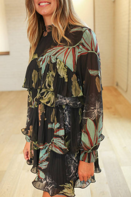ALBERTO MAKALI Palm Tiered Dress With Belt Black Large 3