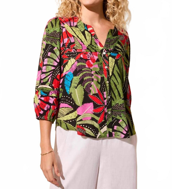Tribal 3/4 Sleeve Button Front Blouse Green Medium 2