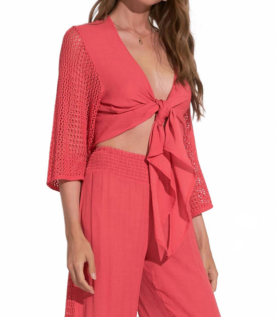 ELAN Resort Tie Front Crochet Sleeve Top Pink Large 4