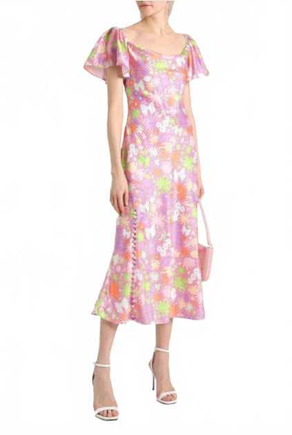 Olivia Rubin Printed Satin Midi Dress Pink UK 10 2