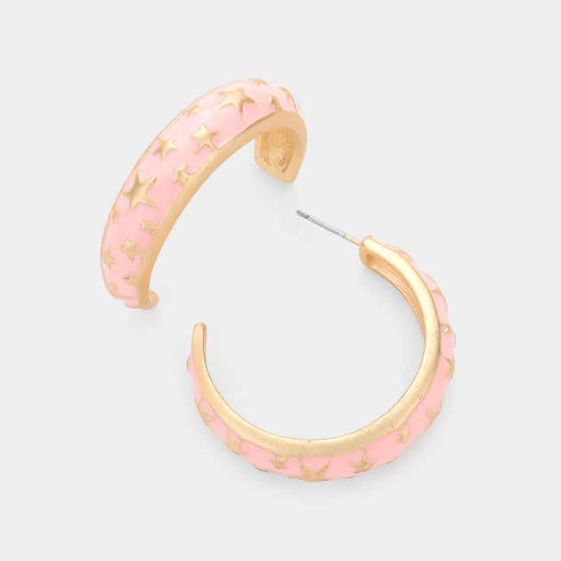 FASHNZFAB Star Accented Enamel Half Earrings Pink 3