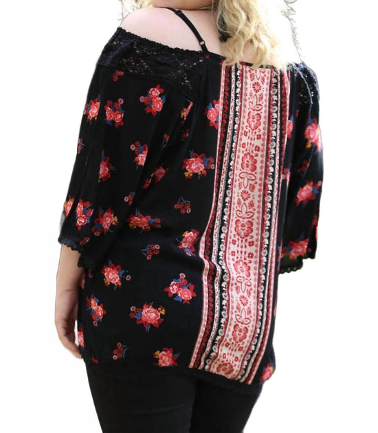 Angie Floral Twin Print Cold Shoulder Top Black Plus Size 2X 3