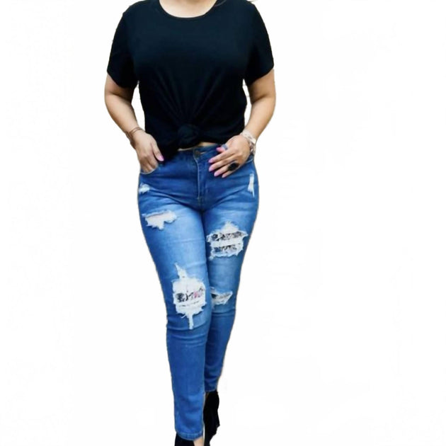 Lulu Clothes Sequin Patch Distressed Skinny Jeans Blue 2X 2