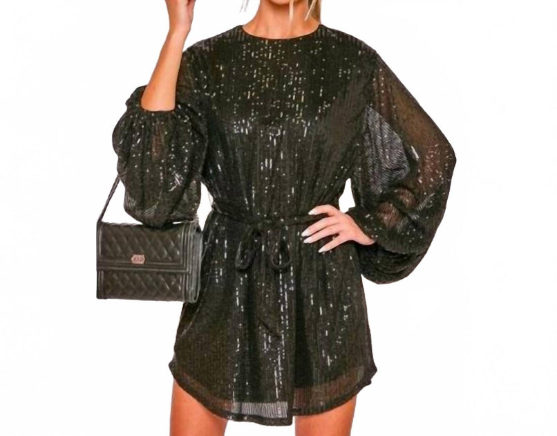 Vine & Love Shimmer Balloon Sleeve Belted Mini Dress Black Large 2