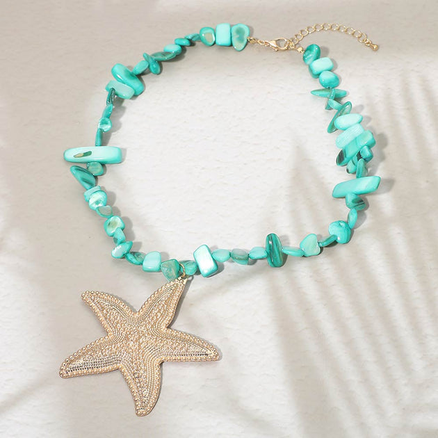 FASHNZFAB Starfish Pendant Beaded Necklace Silver 2