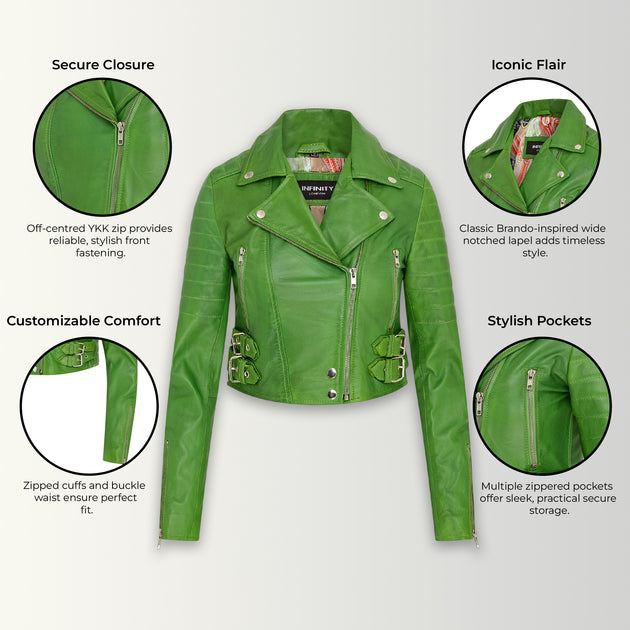 Infinity Brando Leather Biker Jacket Green US 10 4