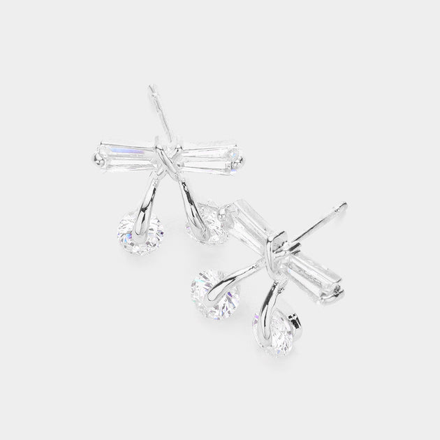 FASHNZFAB CZ Bow Stud Earrings Silver 3
