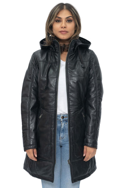 Infinity Allentown Women's Leather Quilted Parka Black Medium 3