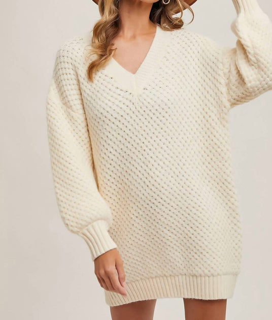 BluIvy V-Neck Bubble Sleeve Knit Sweater Tunic Beige S/M 2