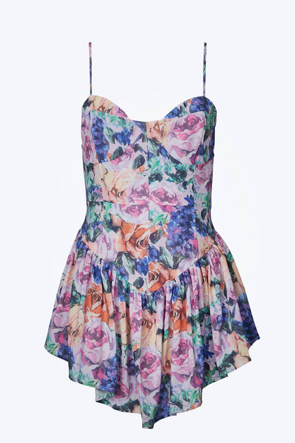Sun Floral-Print Bustier Chiffon Mini Dress Multi Medium 2
