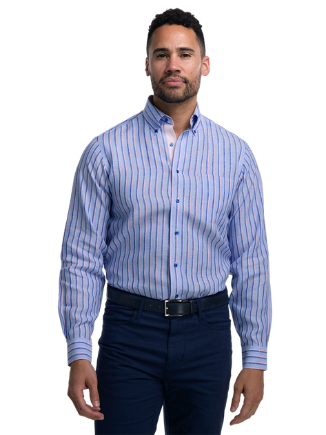 Paul Fredrick Non-iron Linen Stripe Dress Shirt Blue US 18.5 36/37 3