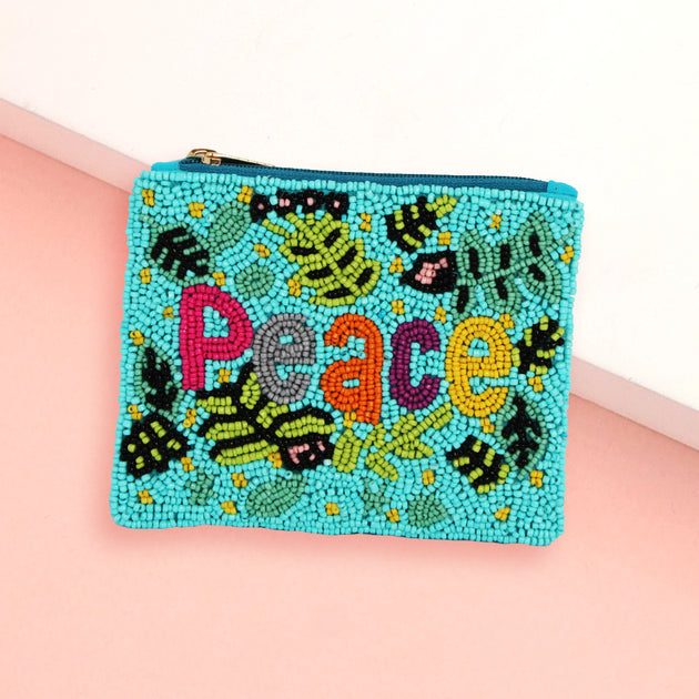 Fashnzfab Peace Message Leaf Pattern Seed Beaded Mini Pouch Bag Green 2