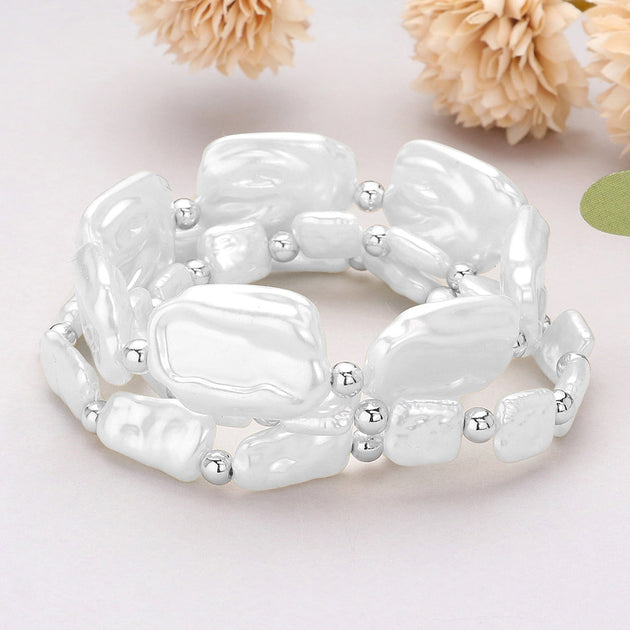 FASHNZFAB Irregular Pearl Beaded Stretch Multi Layered Bracelet White Silver One Size 2
