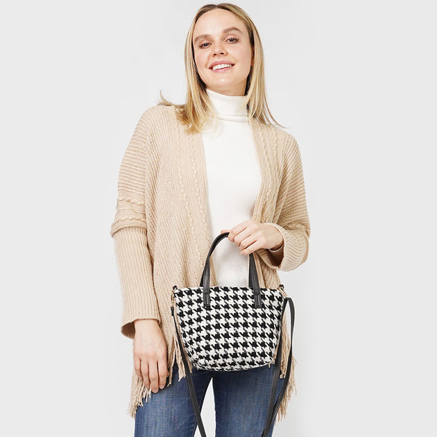 FASHNZFAB Houndstooth Tote Crossbody Bag White 3