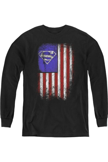 Gildan Superman Old Glory Shield Youth Long Sleeve Tee Black Large 2
