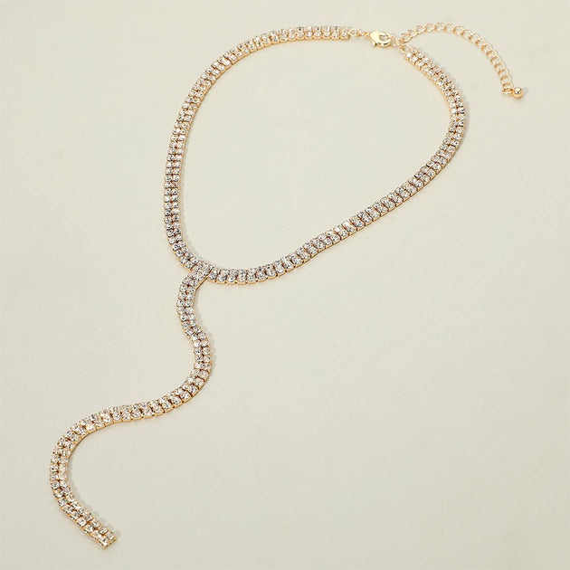 FASHNZFAB Y Shaped Rhinestone Necklace Gold 15in 2