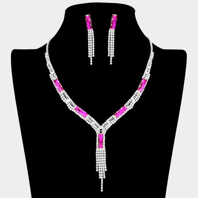 FASHNZFAB Rectangle Stone Rhinestone Fringe Necklace Black 3