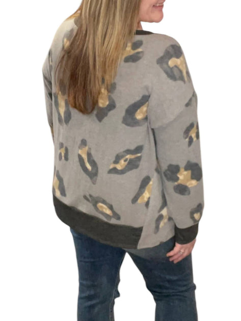 honeyme Leopard Kangaroo Pocket Sweater Grey 3X 3