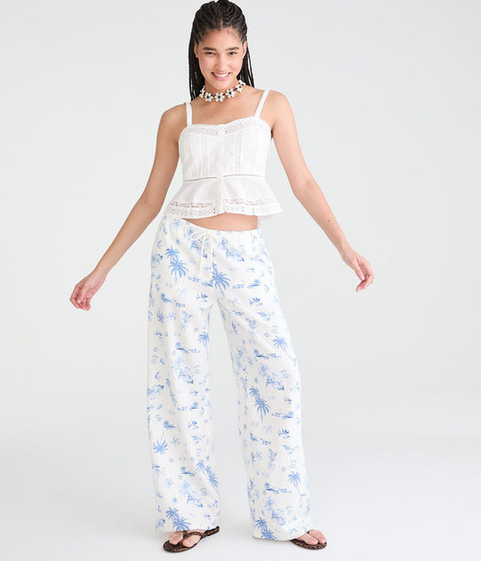 Aeropostale Tropical Print Drawstring Linen Pants White Small 3