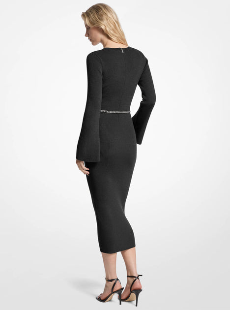 Michael Kors Wool Blend Belted Midi Dress Black Large 3