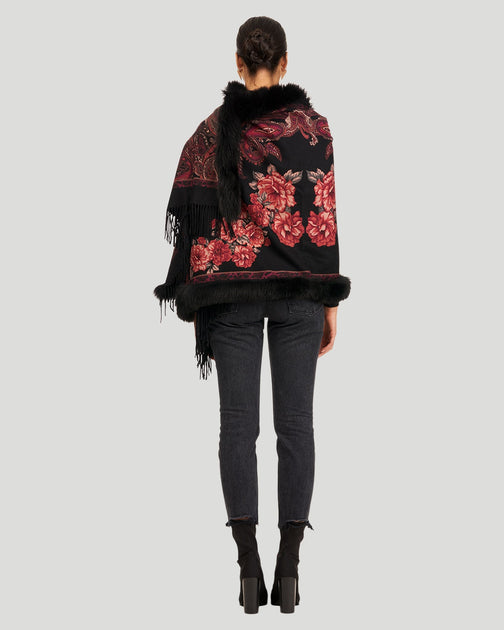 Gorski Printed Cashmere Stole with Fox Trim Red One Size 3