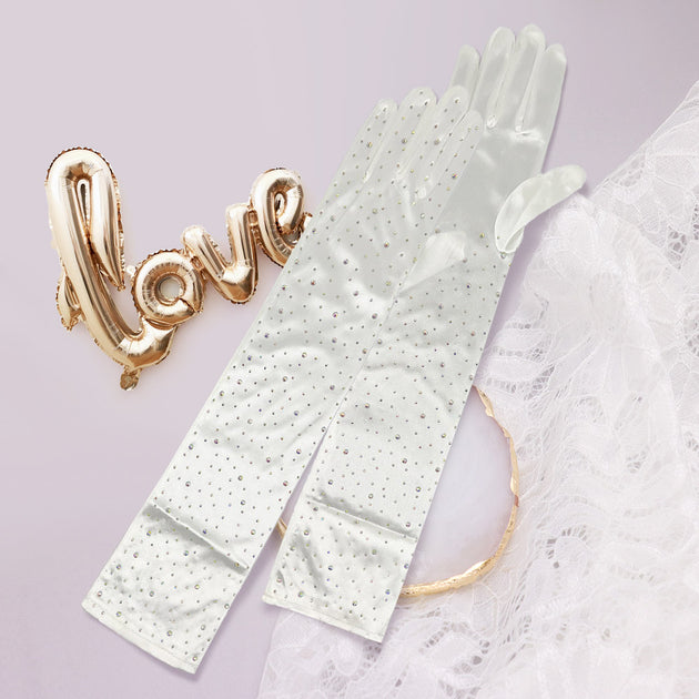 FASHNZFAB Stone Embellished Satin Wedding Gloves White One Size 7
