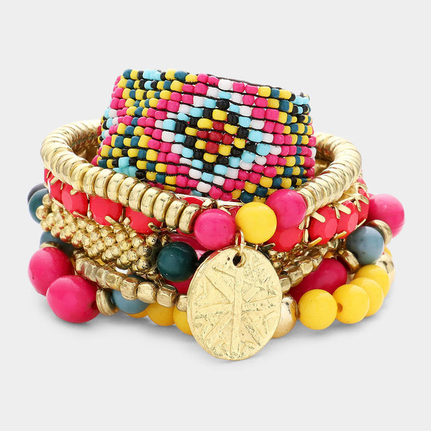 FASHNZFAB 7PCS Beaded Disc Charm Stretch Bracelet Red 2