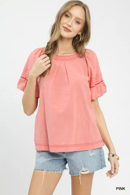 TRUEDAMES Round Neck Puff Sleeve Top Pink Medium 2