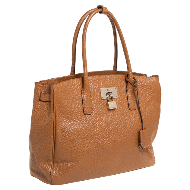 Dkny Caramel Brown Pebbled Leather Padlock Tote | ShopSimon