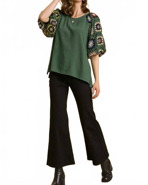 umgee Crochet Sleeve Top Green 1X 2