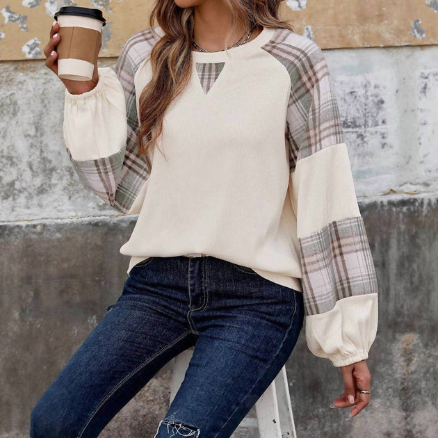 Masyal Plaid Patchwork Sweatshirt Beige Small 3