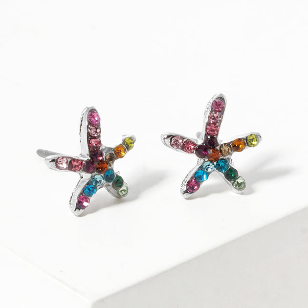 FASHNZFAB Crystal Paved Starfish Stud Earrings Red 7