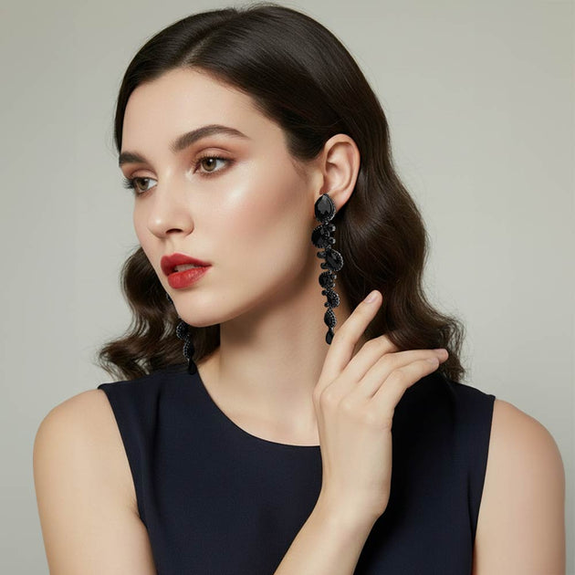 FASHNZFAB Teardrop Drop Earrings Jet Black Silver 4