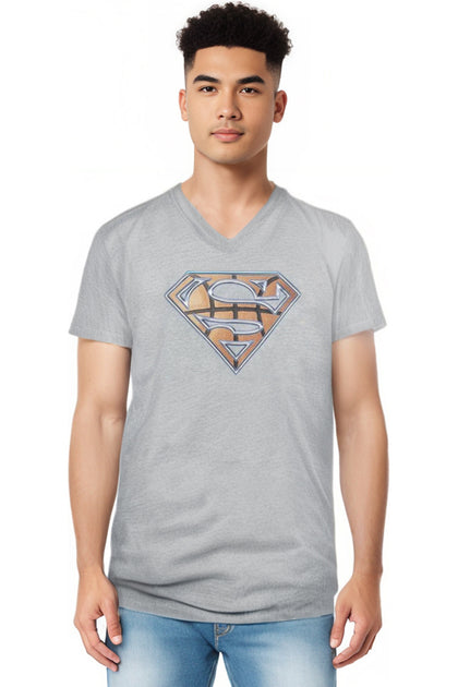 Gildan Superman Basketball Shield V-Neck T-Shirt Grey Medium 4