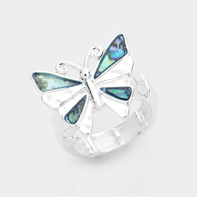 FASHNZFAB Butterfly Stretch Ring Abalone Antique Silver One Size 2