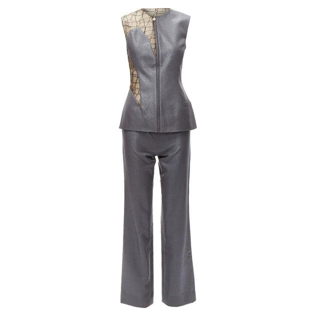 Gianni Versace Vintage Runway Grey Lace Mesh Pantsuit IT38 2