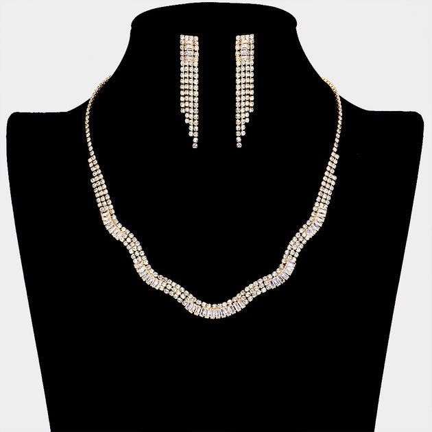 FASHNZFAB CZ Rhinestone Wavy Necklace Set Black 3