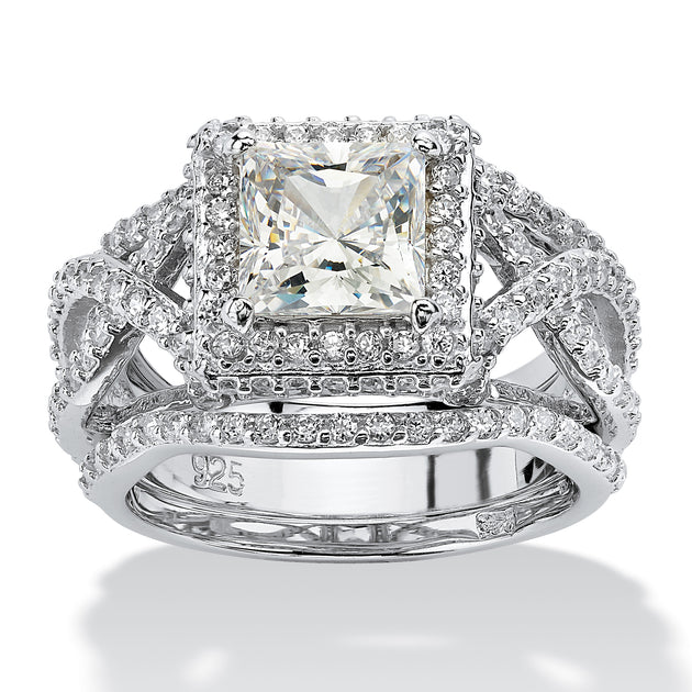 Palm 2.82 TCW CZ Platinum-plated Silver 3-Piece Crossover Halo Bridal Ring Set Silver US 8 2