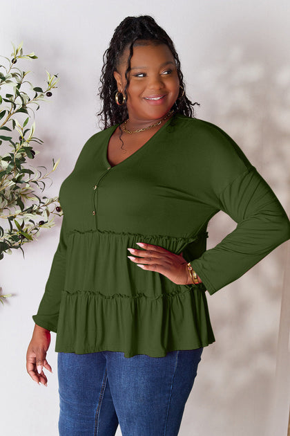 TRUEDAMES Double Take Half Button Long Sleeve Ruffle Hem Blouse Black Medium 3