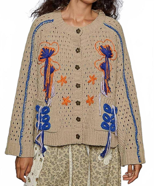 POL Langarm Cardigan mit Blumenmuster Braun Large 2