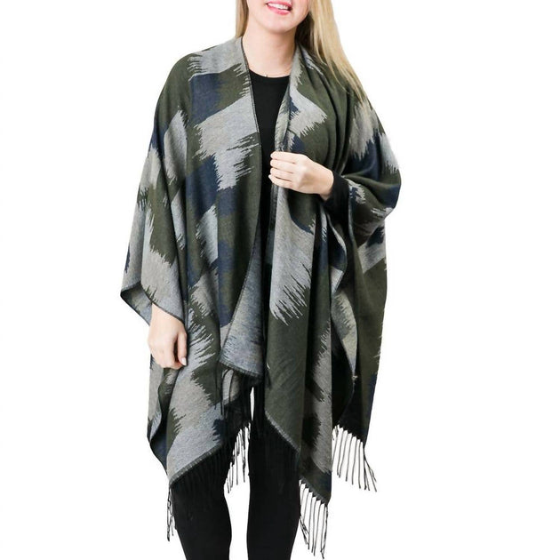 Top It Off Southwest Print Fringe Wrap Shawl Vert Taille Unique 2