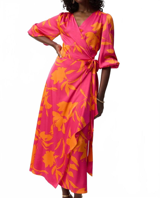 pink and orange wrap dress Joseph Ribkoff Pink/Orange Satin Floral Print Wrap Dress Style 251906 8