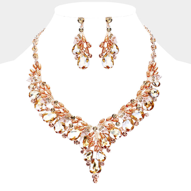FASHNZFAB Teardrop Glass Crystal Pearl Vine Necklace Pink 2
