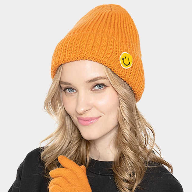 FASHNZFAB SMILE Patch Ribbed Knit Beanie Hat Gold One Size 2