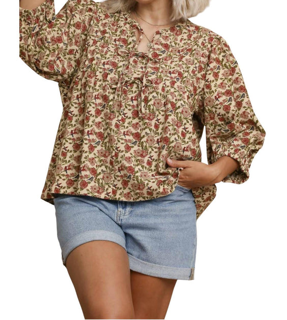 Umgee Vintage Floral Pintuck Top Brown 1X 2