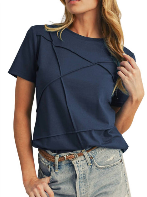Shewin Round Neck Detailed Top Blue Medium 2