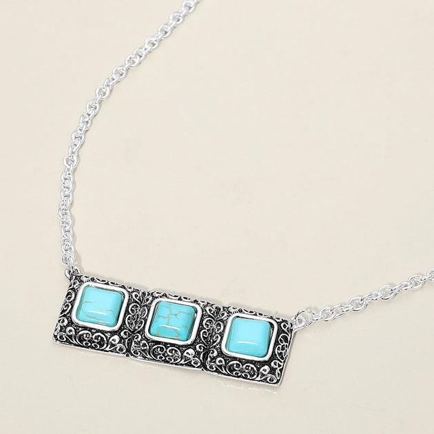 FASHNZFAB Triple Scrollwork Frame Square Tile Pendant Necklace Turquoise One Size 2