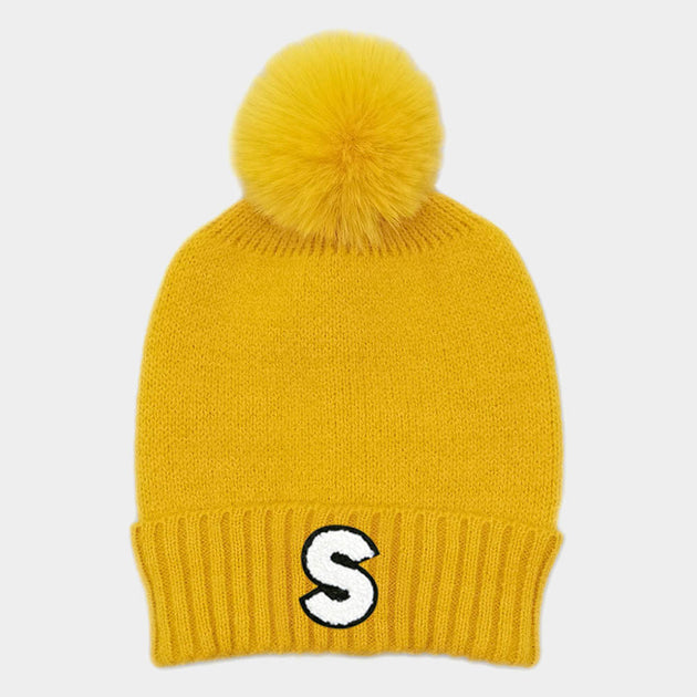 FASHNZFAB S Initial Monogram Faux Fur Pom Pom Knit Beanie Hat Grey 4