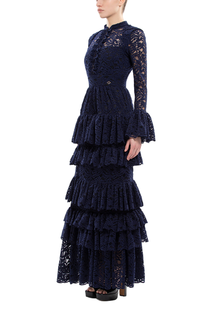 Saiid Kobeisy Ruffled Lace Long Dress Blue EU 38 4