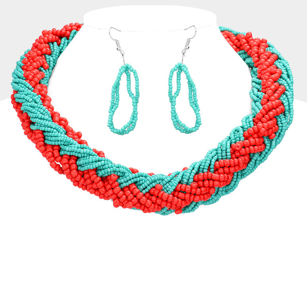 FASHNZFAB Braided Two Tone Seed Beaded Necklace Blue 5